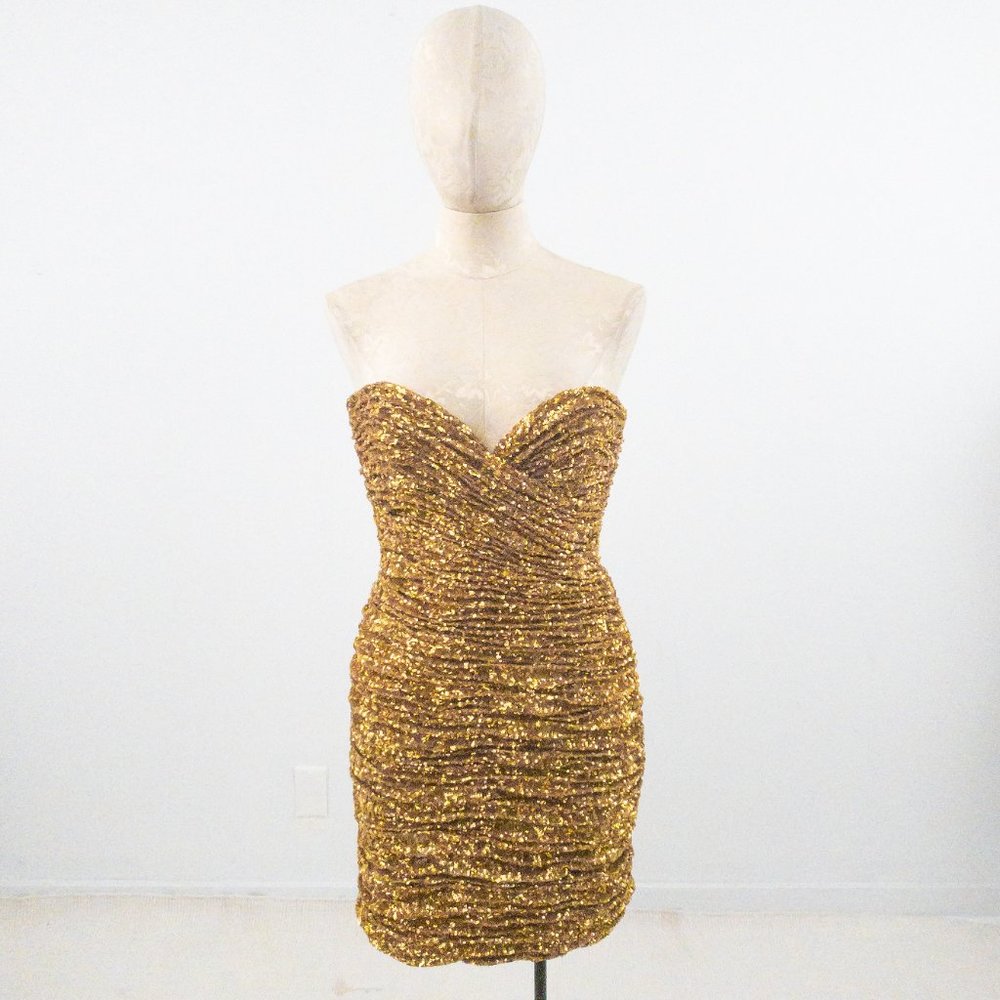 Vintage 90s SM Ruched Sequin Mini Party Dress Gold - Picture 5 of 16